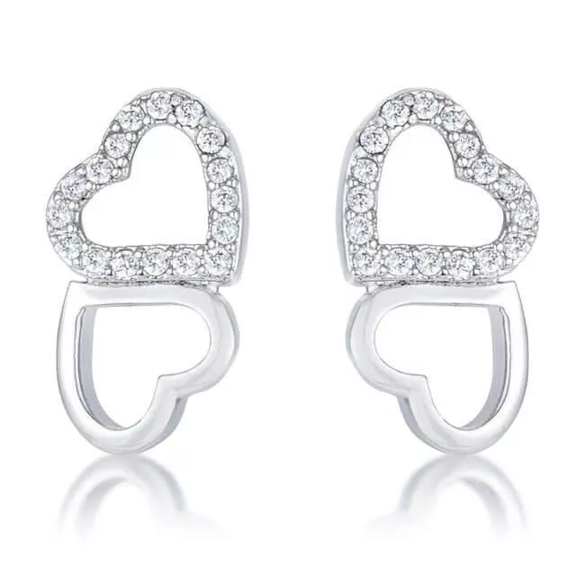 .17 Ct Melded Hearts Rhodium and CZ Stud Earrings