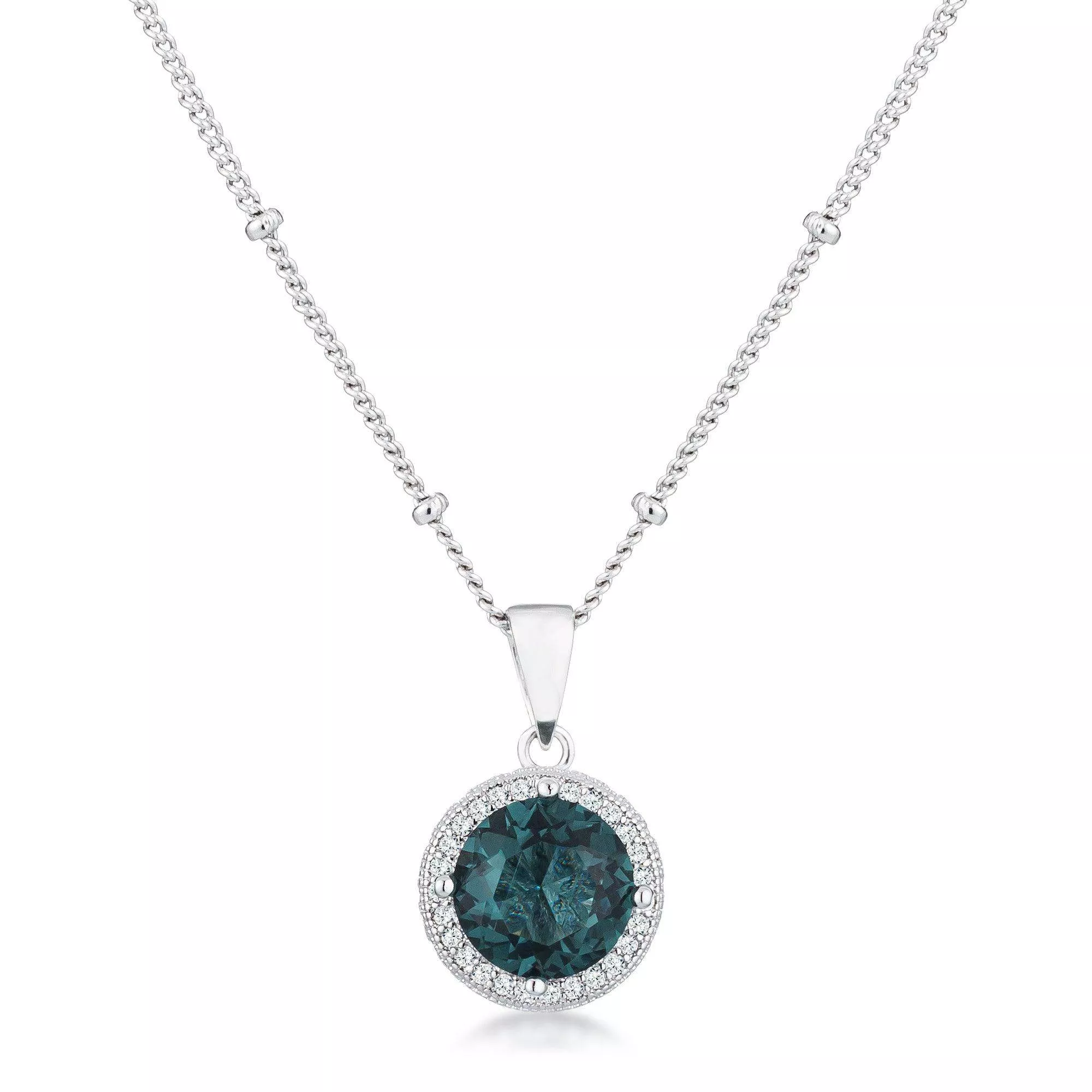 3Ct Rhodium Blue Green CZ Round Halo Satellite Pendant
