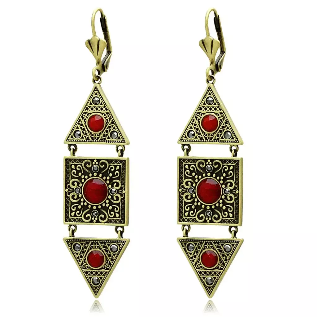 Alamode Antique Copper Brass Earrings with Synthetic Synthetic Glass in Siam