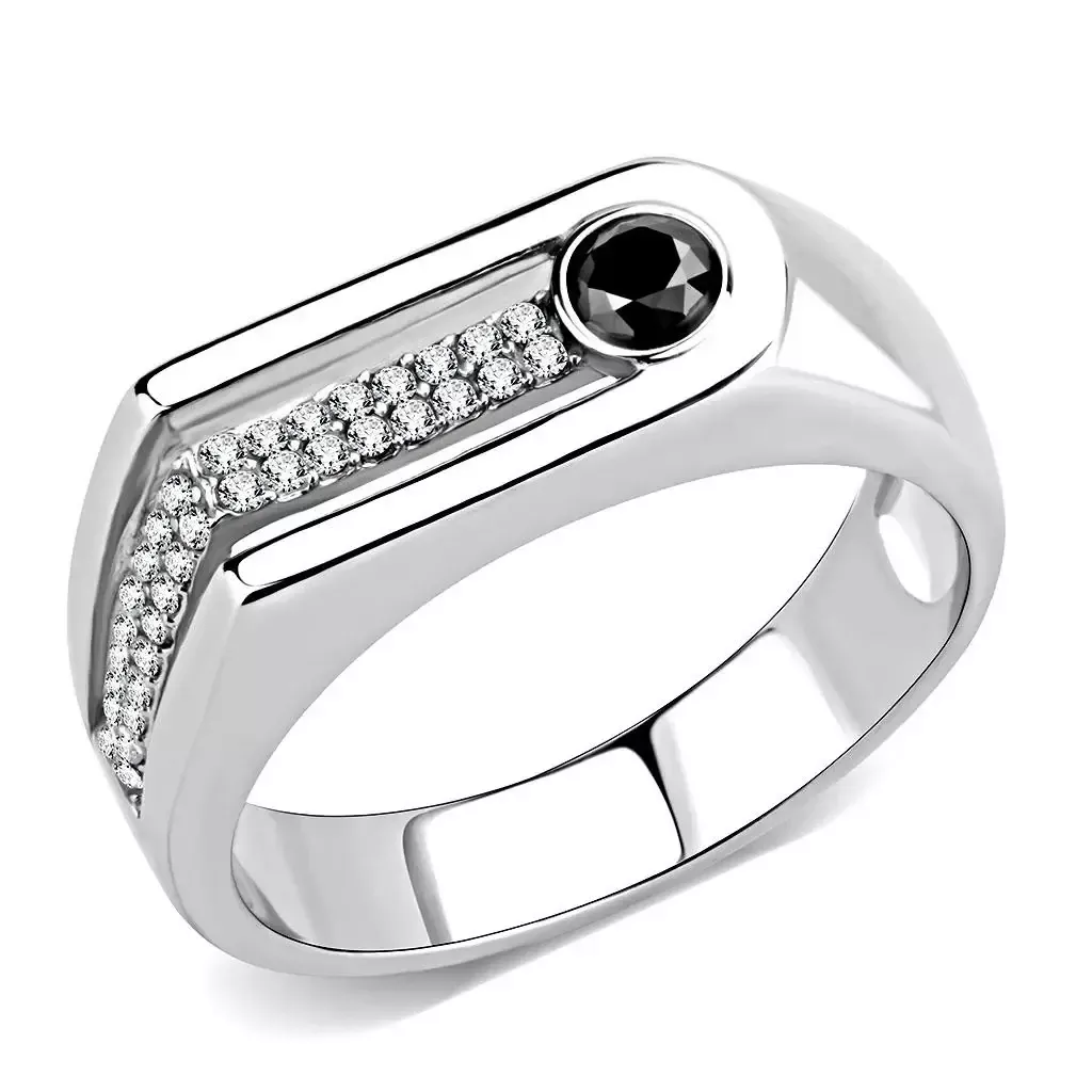 Alamode Men's Stainless Steel Ring with Black Diamond CZ - DA286