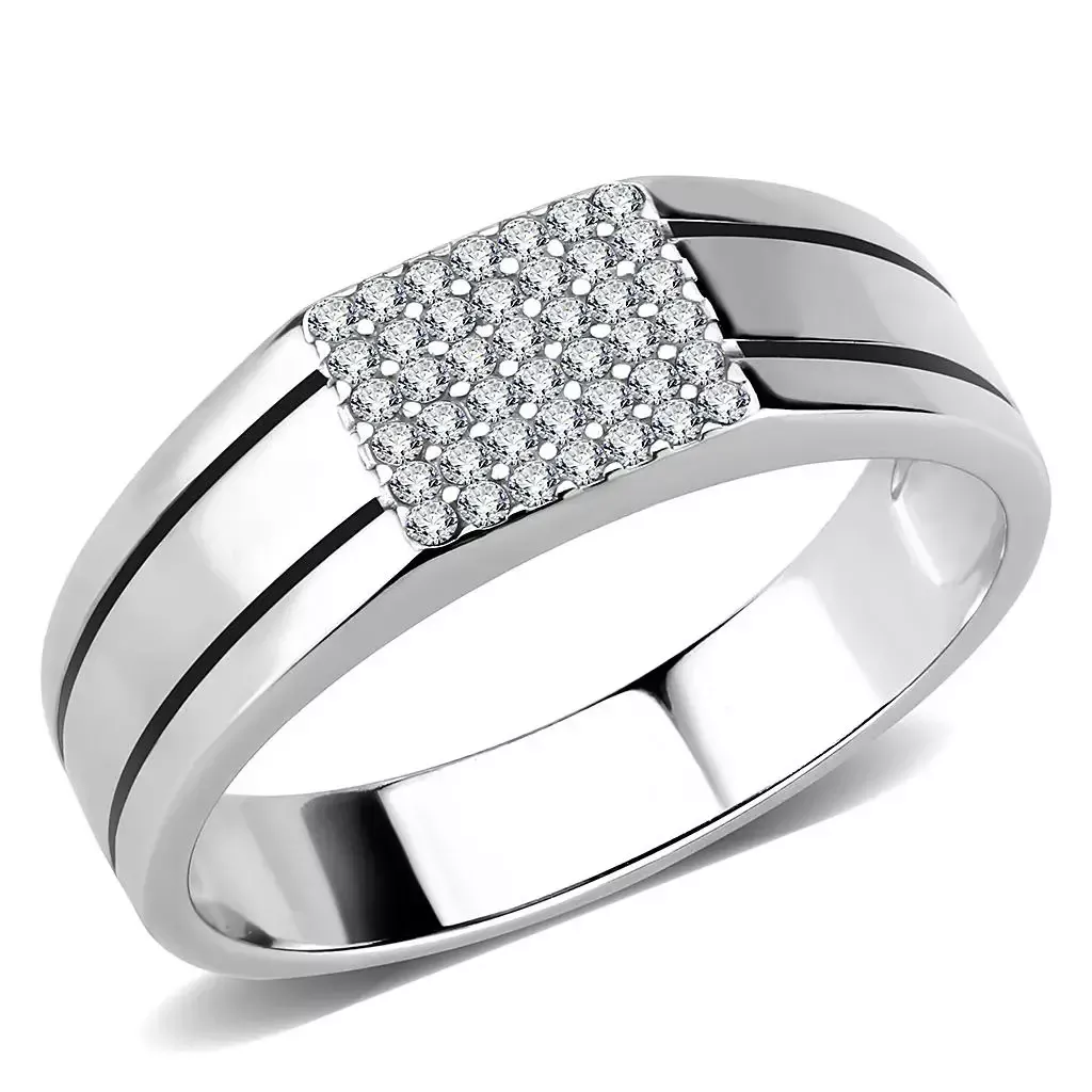 Alamode Men's Stainless Steel Ring with Clear CZ - DA253