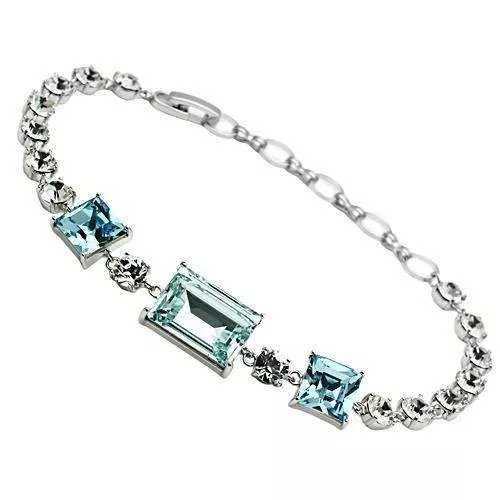 Alamode Rhodium Brass Bracelet with Top Grade Crystal in Sea Blue