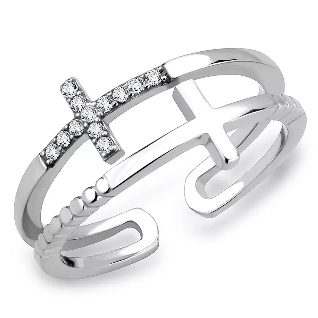 Alamode Stainless Steel Cross Ring with Clear CZ - DA319