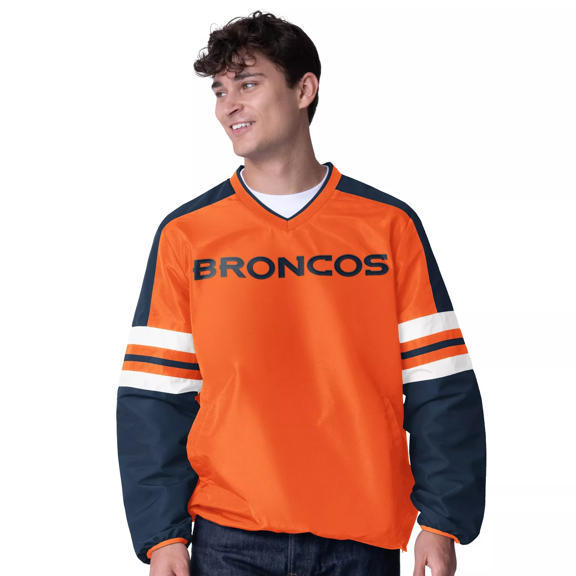 DENVER BRONCOS MEN’S HIGH HEAT 1 PULLOVER JACKET – ORANGE/BLUE