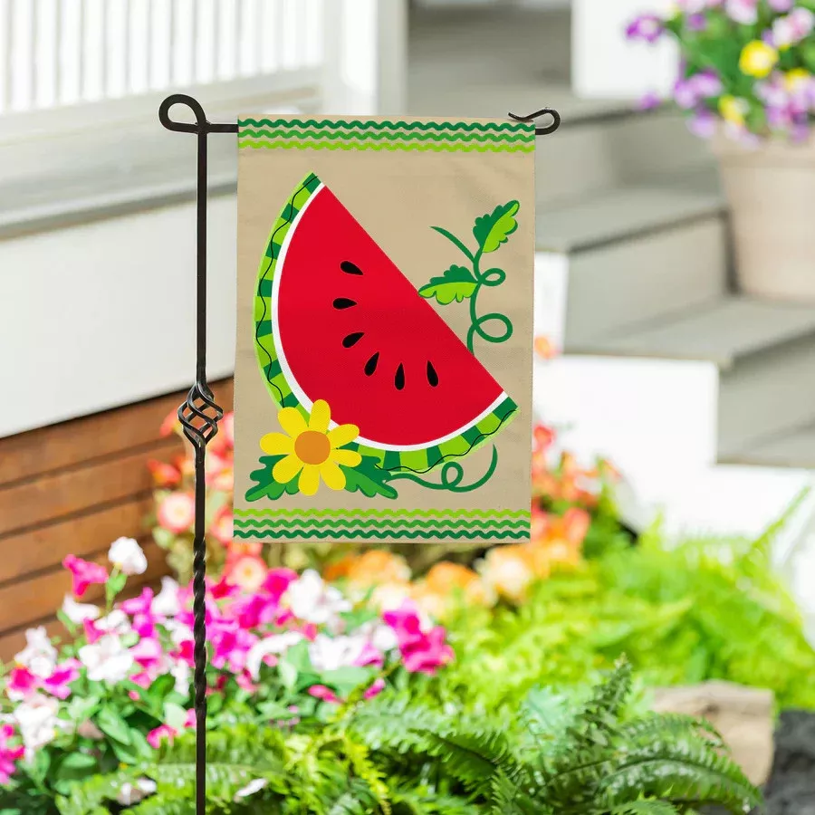 Evergreen Watermelon Slice Burlap Garden Flag