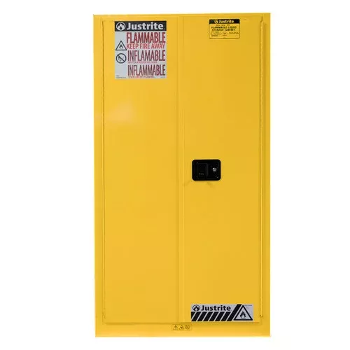 Justrite Yellow Vertical Drum Storage Cabinet – 2 Door Self-Close w/ Drum Rollers