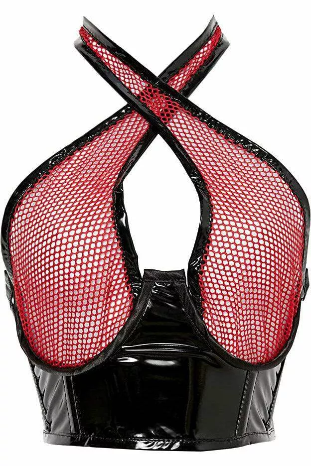 Lavish Red/Black Vinyl & Fishnet Halter Top Underwire Cincher