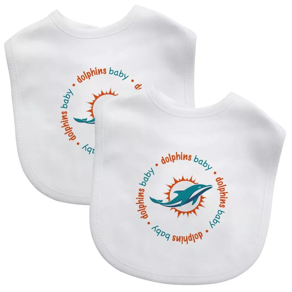 MIAMI DOLPHINS BABY BIBS – 2 PACK – WHITE/WHITE