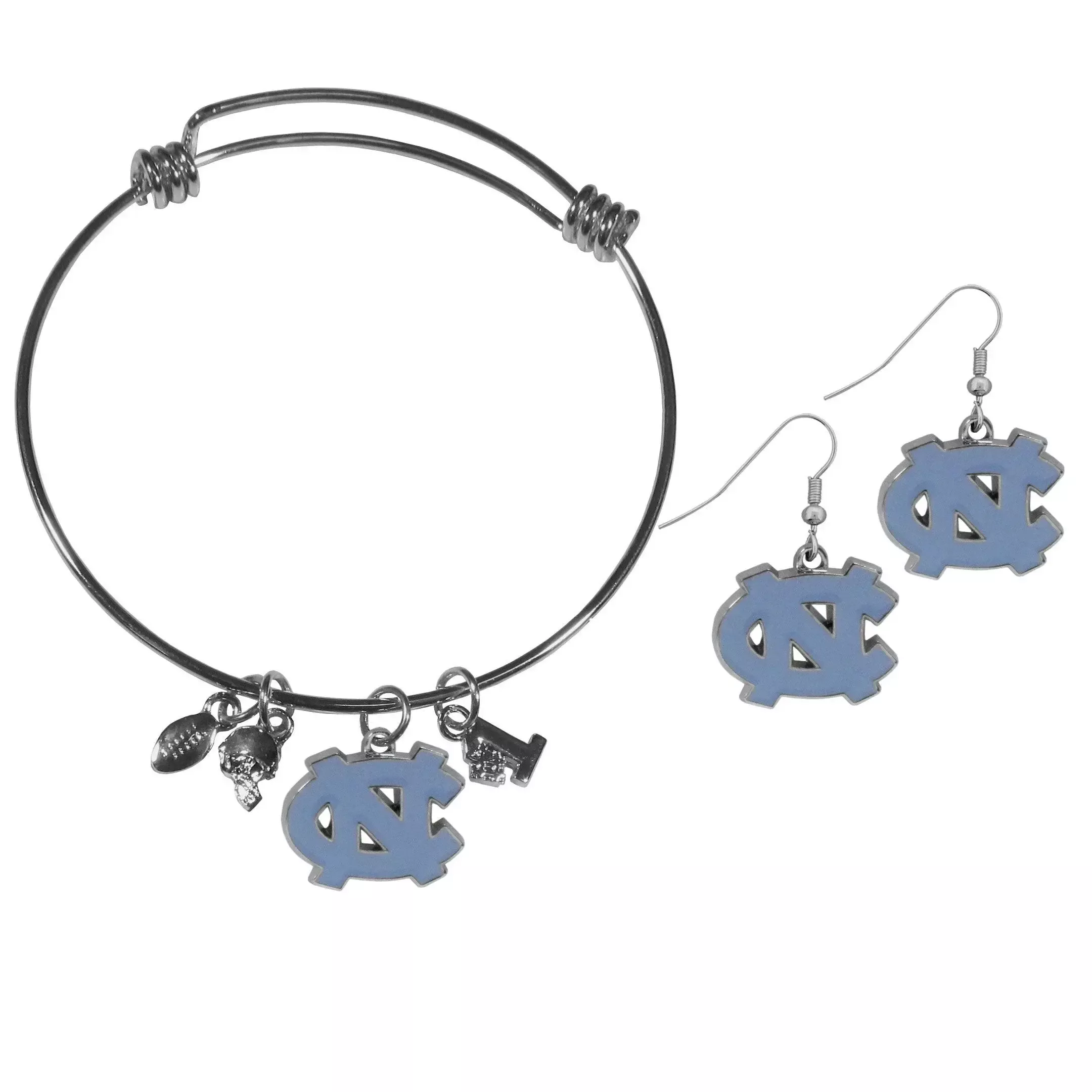 N. Carolina Tar Heels Dangle Earrings and Charm Bangle Bracelet Set