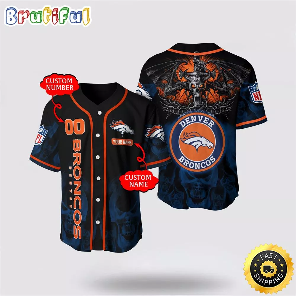 NFL Denver Broncos Baseball Jersey 3D Personalized Skull Customization Options Available