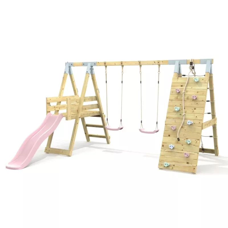 PolarPlay Premium Double Swing Set with Climbing Wall and Slide