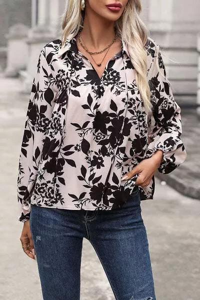 Printed Tie-Neck Balloon Sleeve Blouse