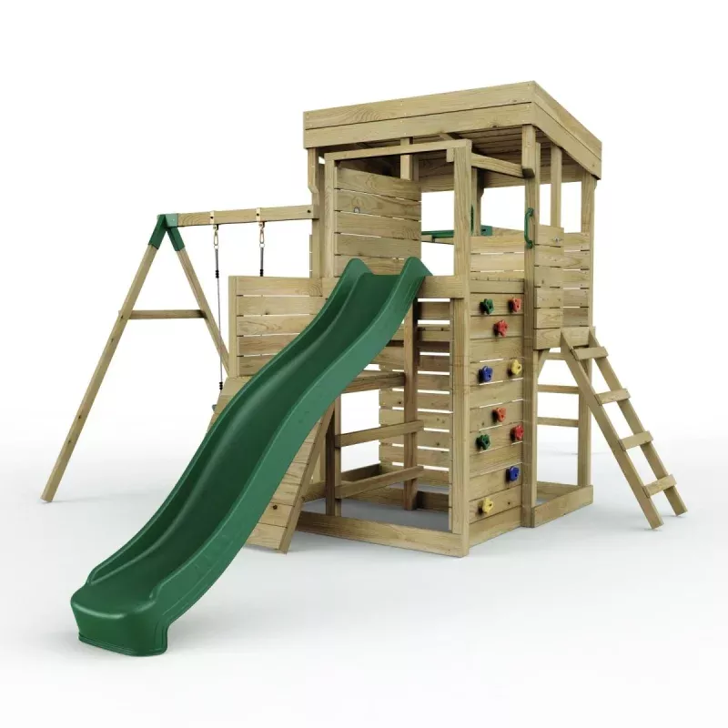 Rebo 2 Tier XL Lookout Tower Playhouse with Single Swing and Monkey Bars plus Slide