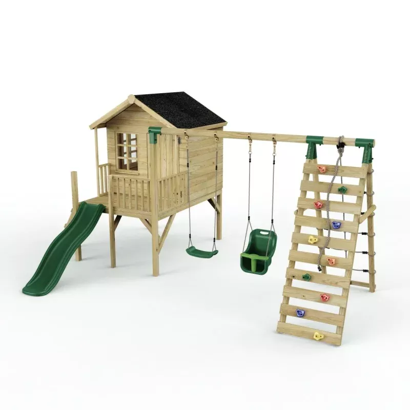 Rebo Playhouse and Double Swing Set with Climbing Wall and Slide – Luna Green
