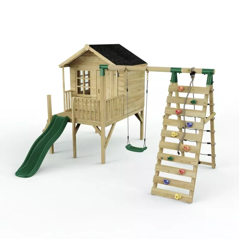 Rebo Playhouse and Single Swing Set with Climbing Wall and Slide – Solar Green