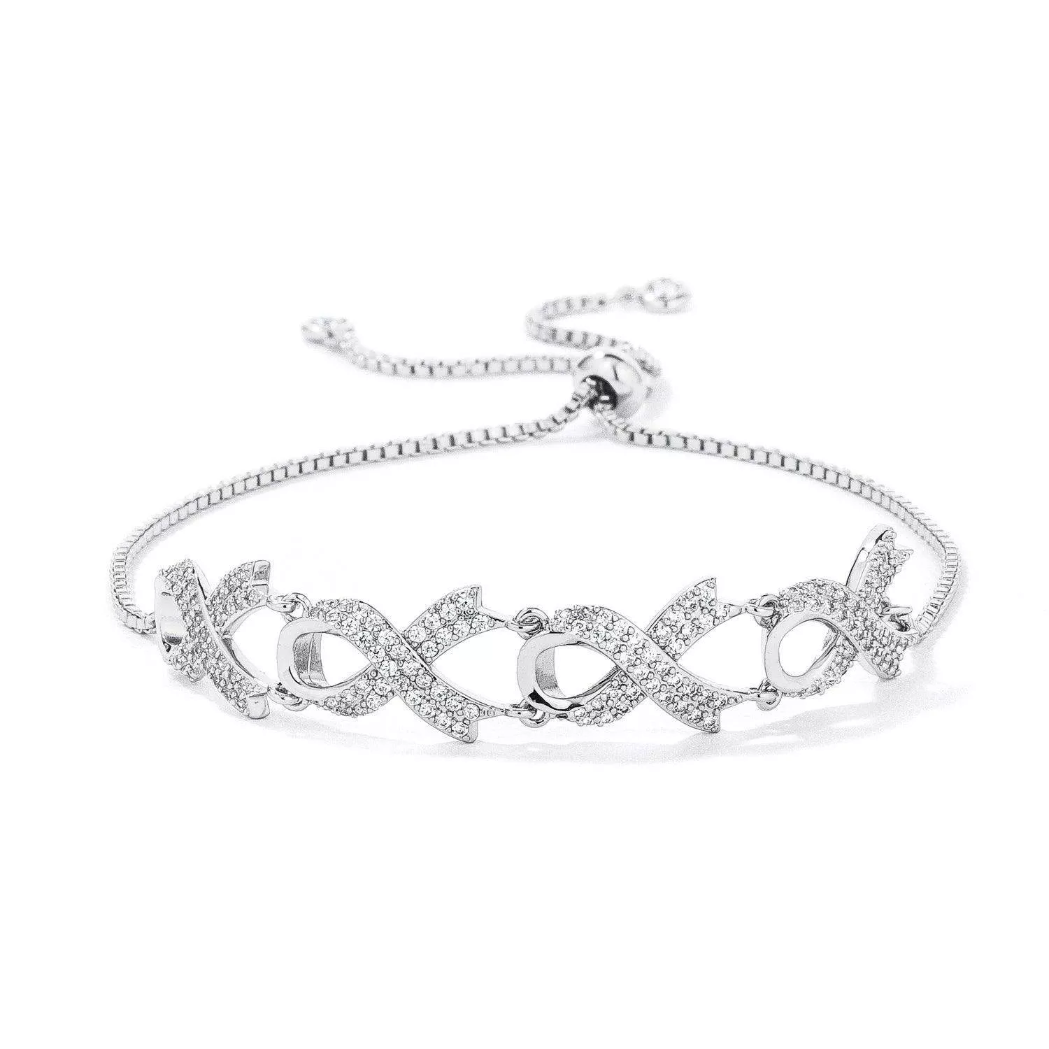 Rhodium Plated Pave CZ Ribbon Bracelet