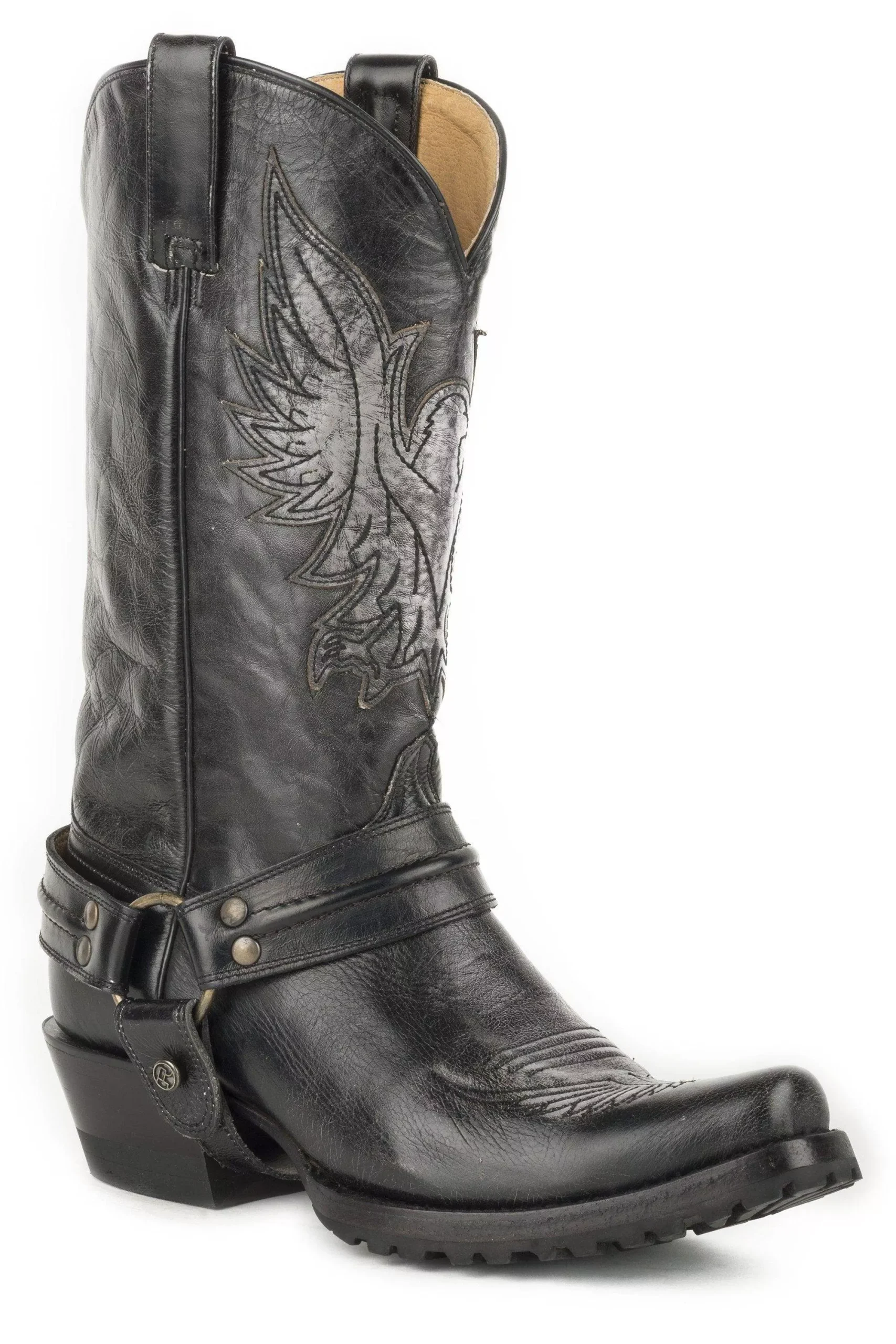 ROPER MENS LEATHER HARNESS BOOT ALL BLACK POLISHABLE WITH EAGLE OVERLAY ON UPPER AND LUG SOLE