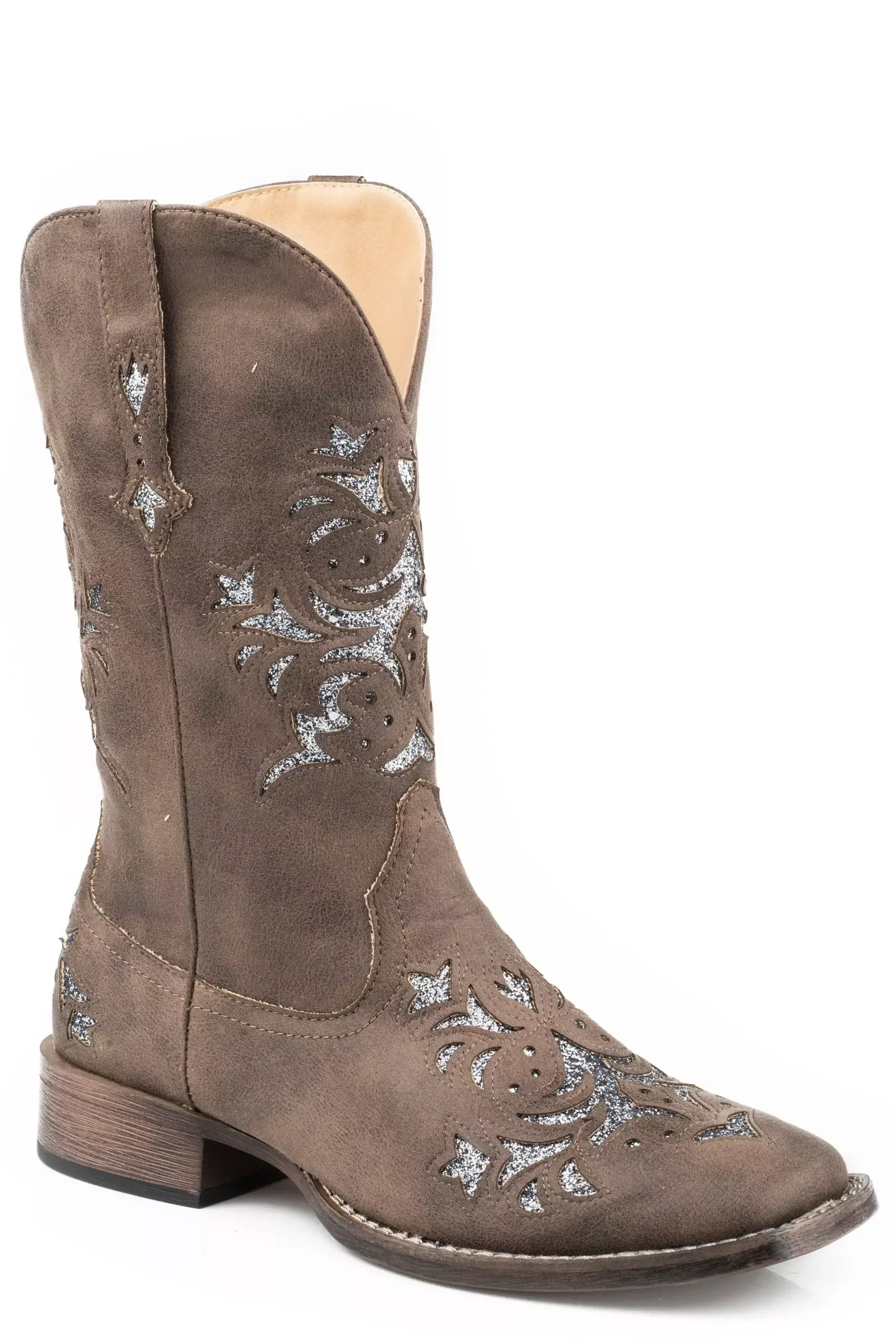 Roper Womens Cowboy Boot Brown Faux Leather With Metallic Silver Underlay