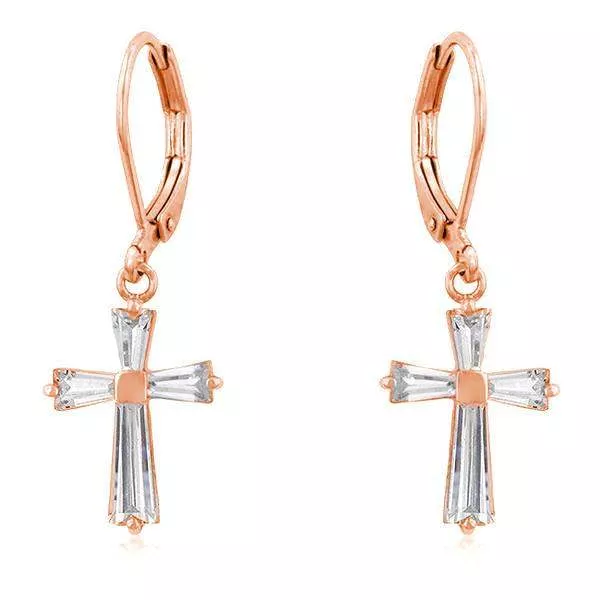 Rose Gold Plated CZ Cross Drop Earrings