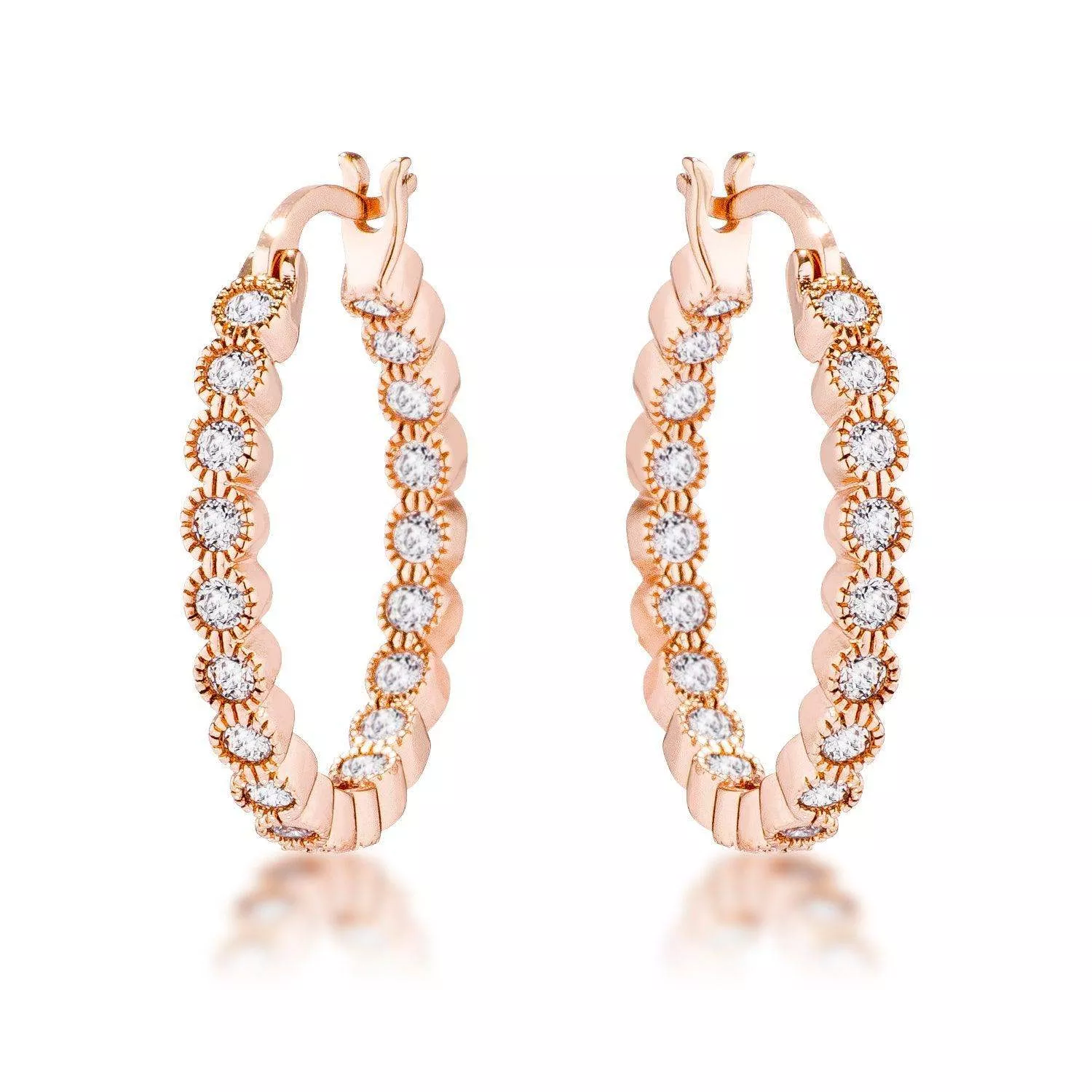 Rose Gold Plated Dotted Clear CZ Round Bezel Hoop Earrings
