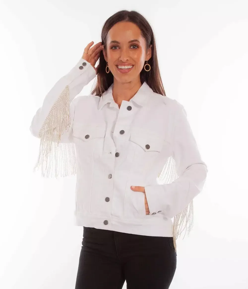 Scully Leather White Denim Jacket W/Rhinestone Fringe