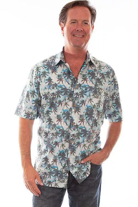 Scully Leather White-Turquoise S/S Palm Trees Shirt