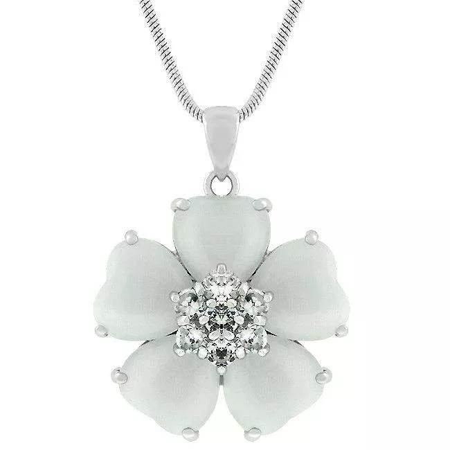 White Cats Eye Cubic Zirconia Flower Pendant