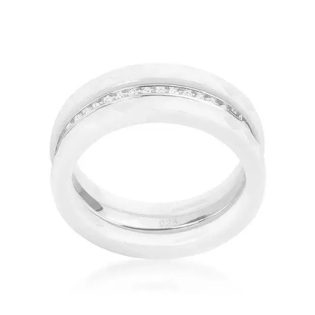 White Ceramic Triplet Ring With Cubic Zirconia