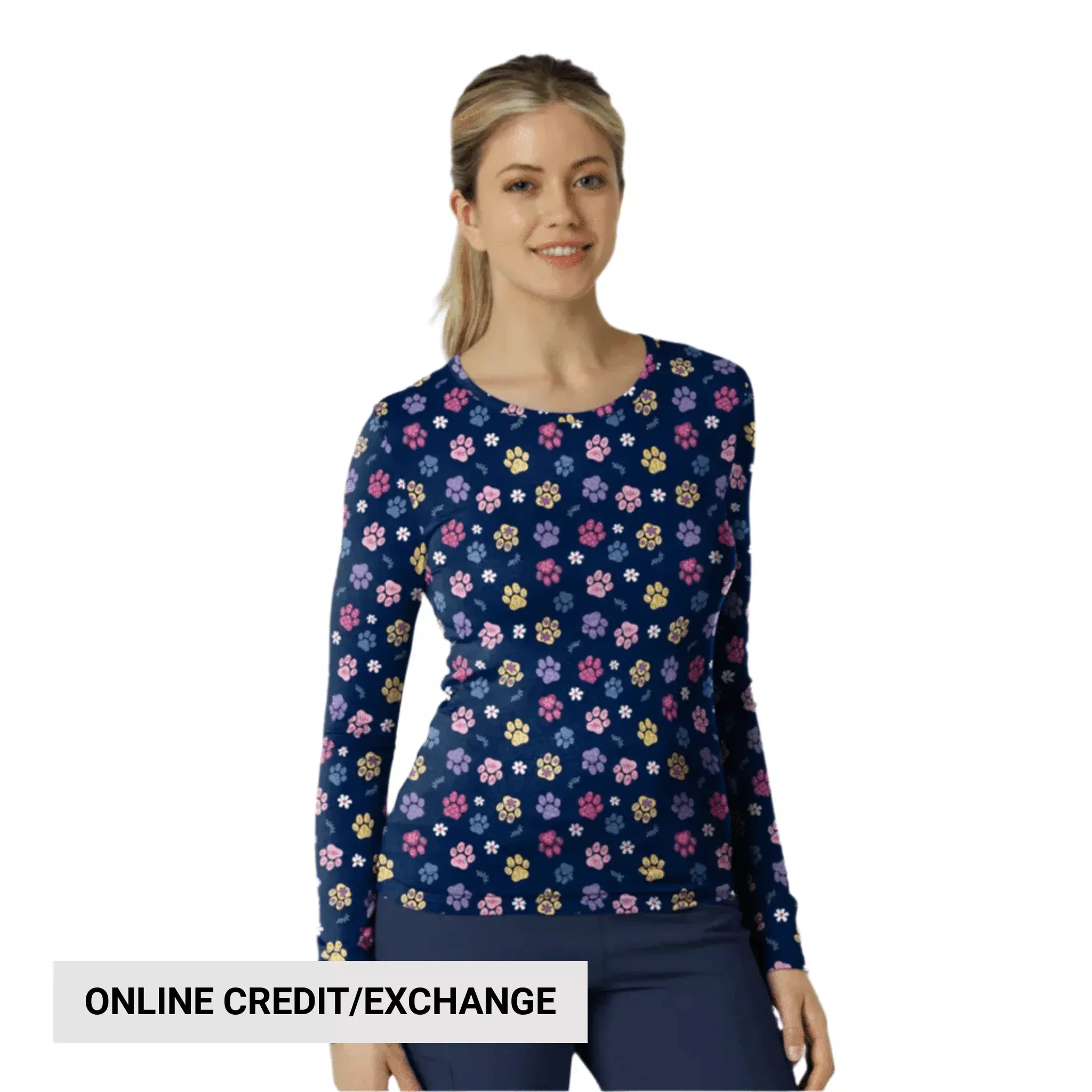 Wink Women's All Over Print Silky Scrub Tee - Springtime Stroll Navy